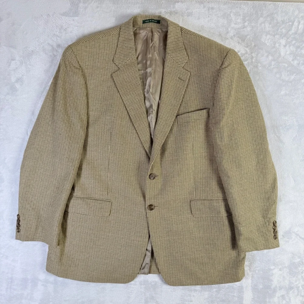 Lauren Ralph Lauren Blazer Mens 46R Tan Brown Silk Wool Houndstooth Sport Coat